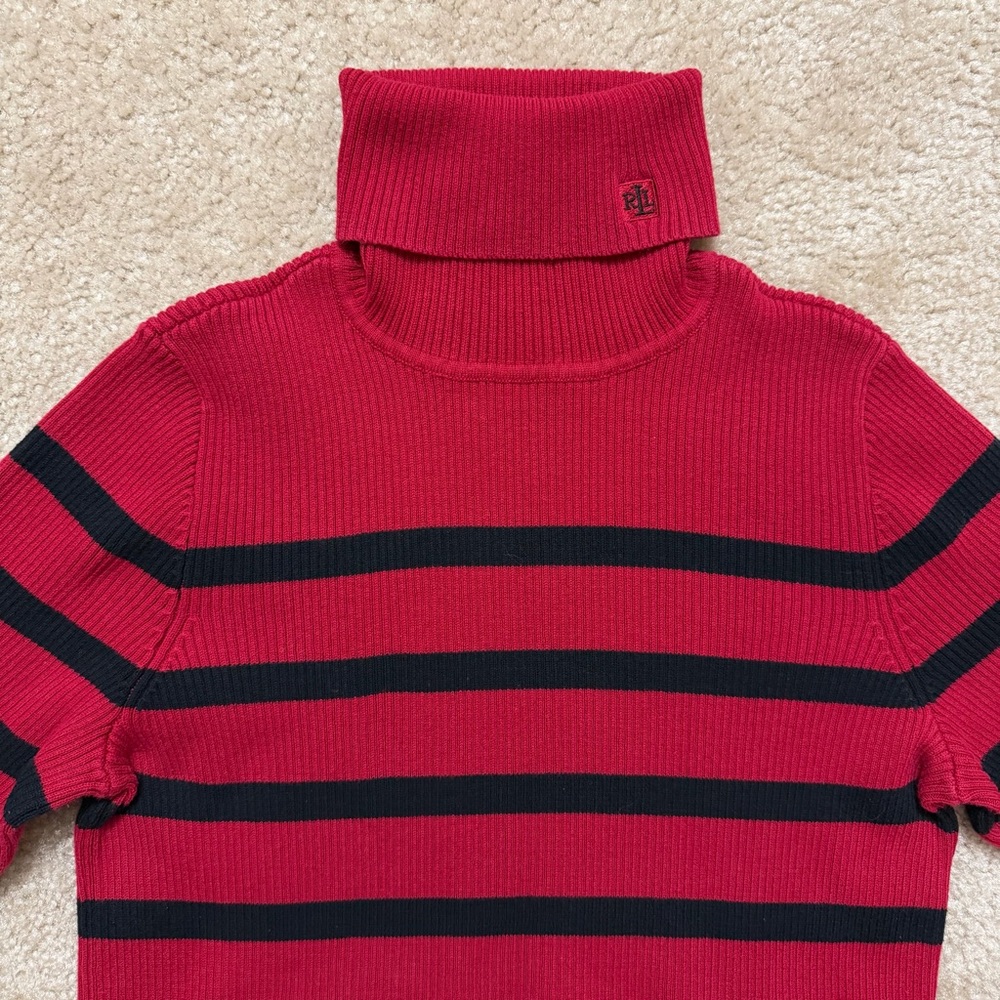Lauren Ralph Lauren Ribbed Turtleneck Red and Black Striped Womens Small
